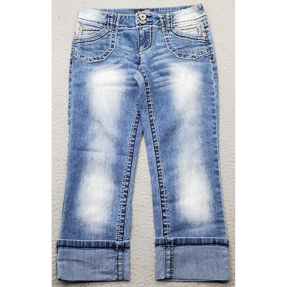 Angels Forever Young Capri Jeans Womens 7 Blue Denim Faded Stretch Cuffed Hem
